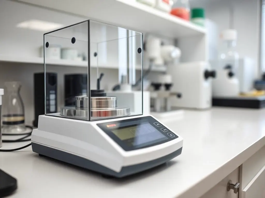 High-precision analytical laboratory balance measuring a small sample